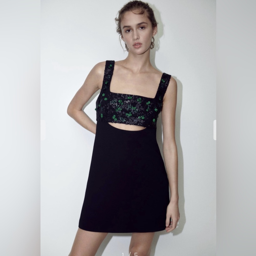 Zara Embroidered Yoke Beaded Black Mini Dress